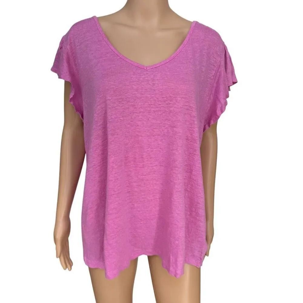 Rachel Zoe Women's 100% Linen Flutter Sleeve V Neck Blouse Top Pink Size 3X